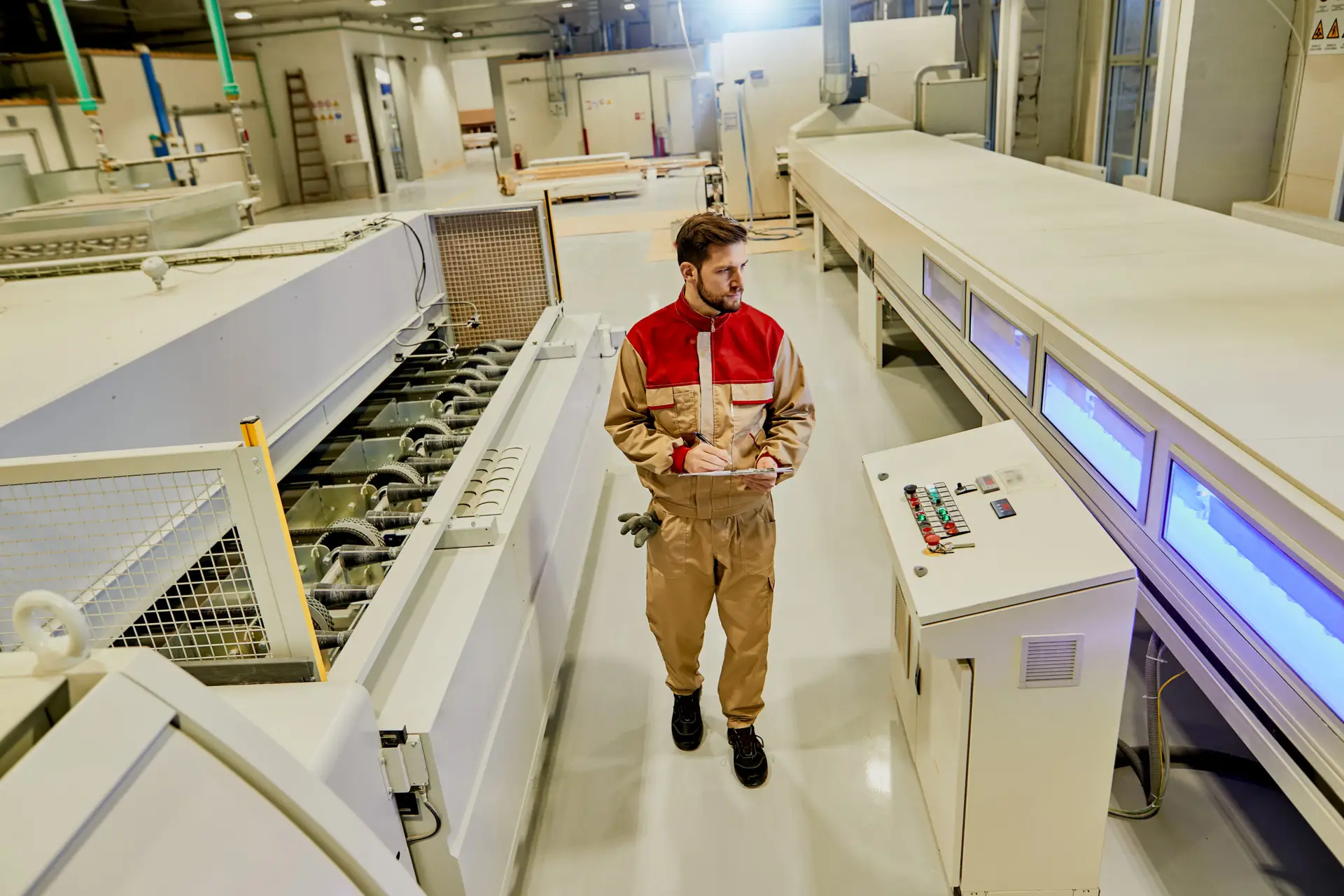 Male worker taking notes while walking among automated machines at woodworking production facility.